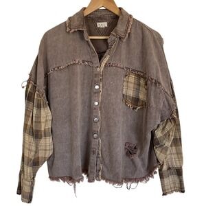 POL Womens Oversized Plaid Sleeve Raw Edge Jacket Size L Purple Cottagecore